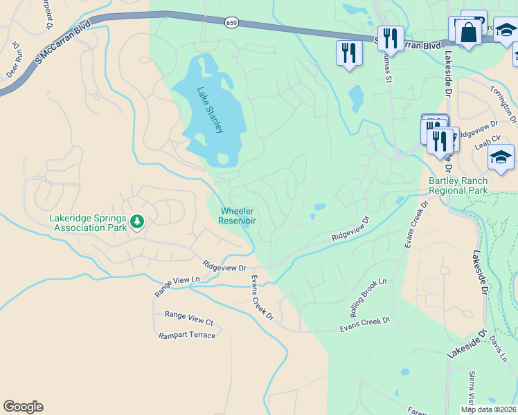 map of restaurants, bars, coffee shops, grocery stores, and more near 6096 Carriage House Way in Reno