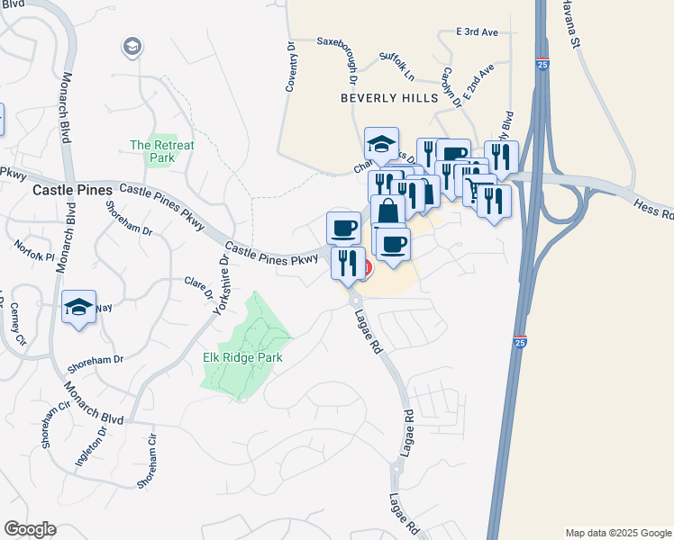 map of restaurants, bars, coffee shops, grocery stores, and more near 7288 Lagae Road in Castle Rock