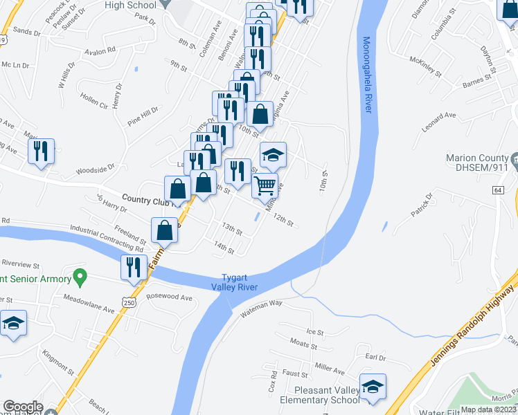 map of restaurants, bars, coffee shops, grocery stores, and more near 100 12th Street in Fairmont