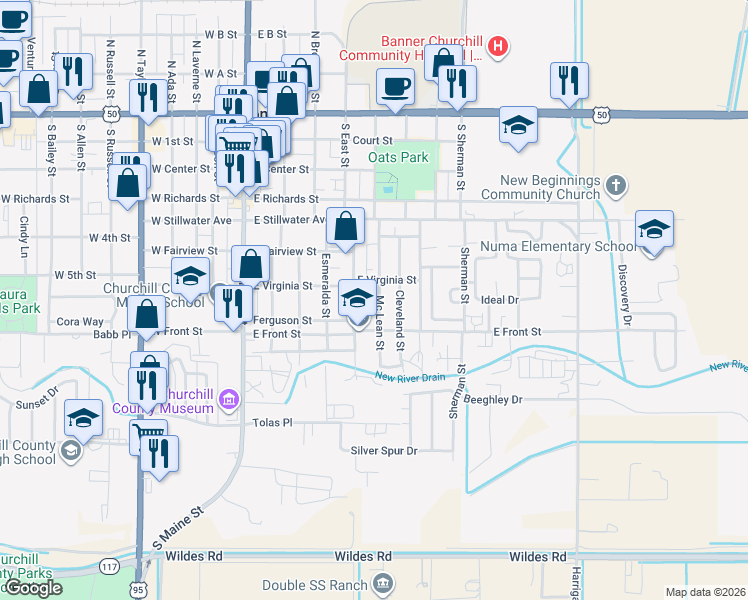 map of restaurants, bars, coffee shops, grocery stores, and more near 728 Mc Lean Street in Fallon