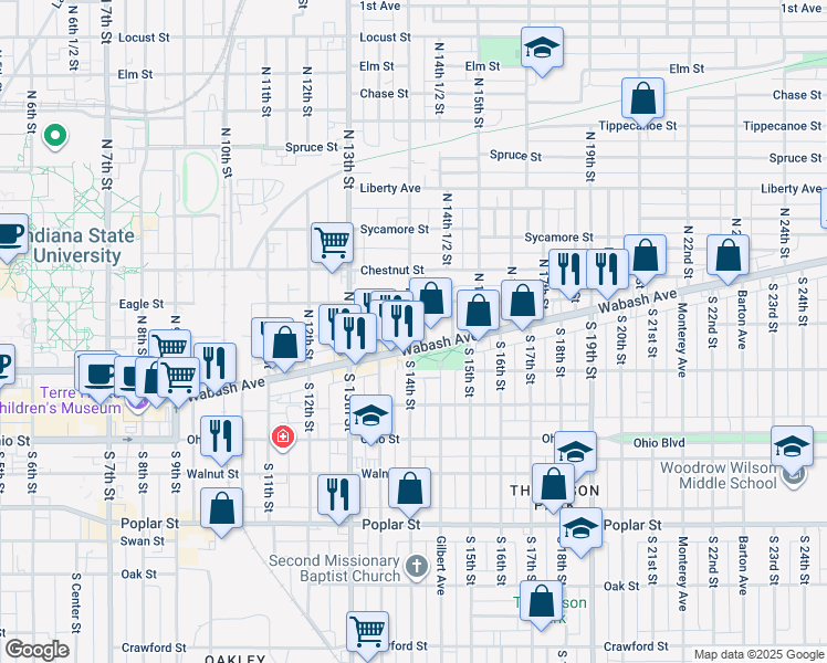 map of restaurants, bars, coffee shops, grocery stores, and more near 2520 Wabash Avenue in Terre Haute