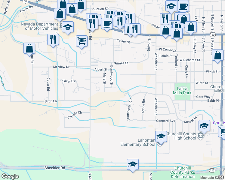 map of restaurants, bars, coffee shops, grocery stores, and more near 1855 Chelcie Street in Fallon