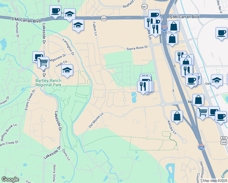 map of restaurants, bars, coffee shops, grocery stores, and more near 6125 Talbot Lane in Reno