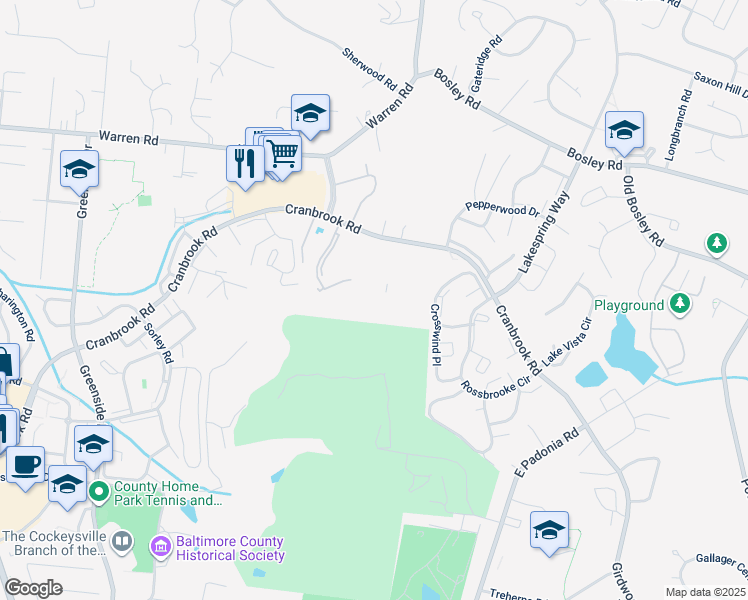 map of restaurants, bars, coffee shops, grocery stores, and more near 10321 Malcolm Circle in Cockeysville