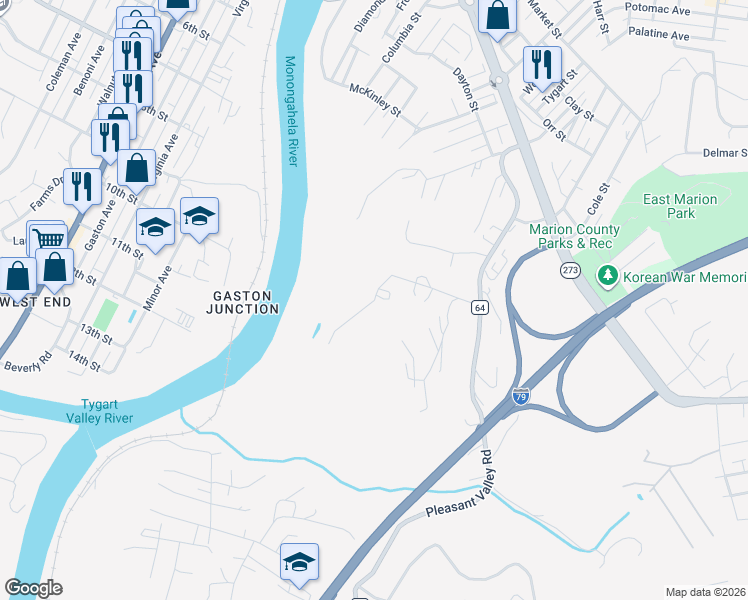 map of restaurants, bars, coffee shops, grocery stores, and more near Patrick Drive in Pleasant Valley