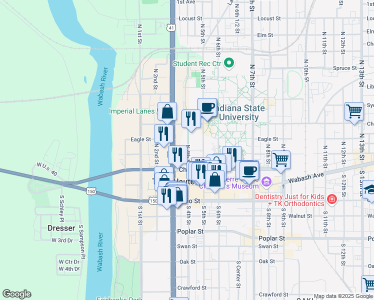 map of restaurants, bars, coffee shops, grocery stores, and more near 295 North 4th Street in Terre Haute
