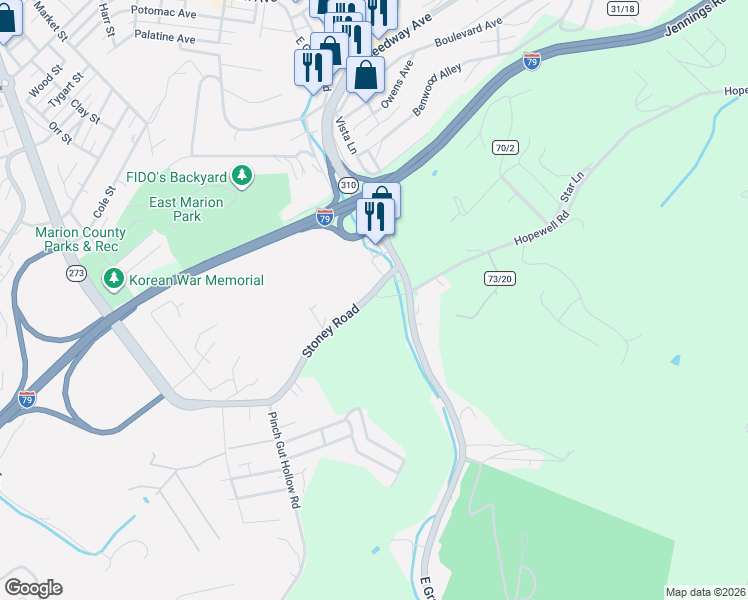 map of restaurants, bars, coffee shops, grocery stores, and more near 11 Stoney Road in Fairmont