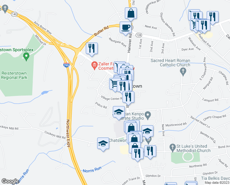 map of restaurants, bars, coffee shops, grocery stores, and more near 10 Village Center Road in Reisterstown