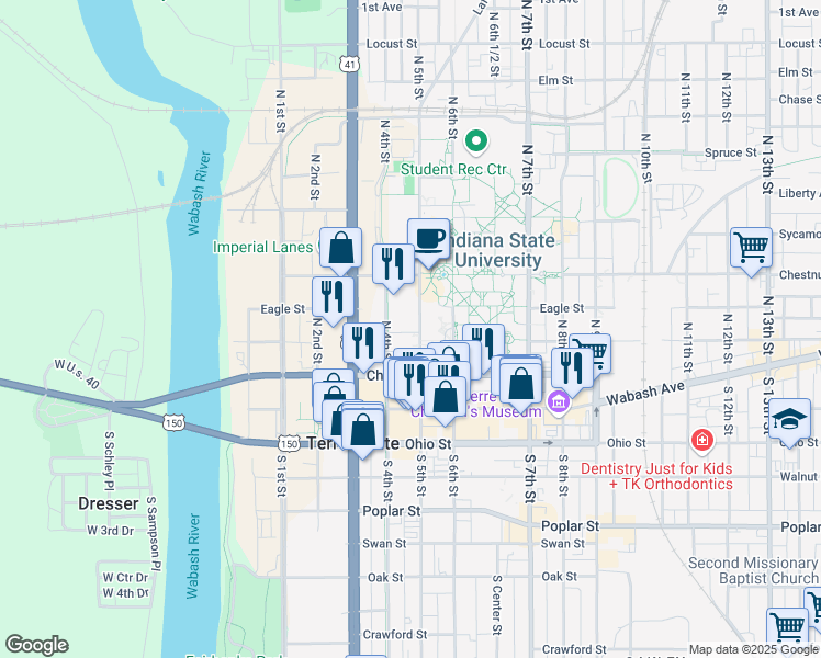 map of restaurants, bars, coffee shops, grocery stores, and more near in Terre Haute