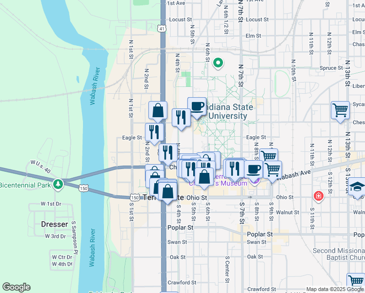 map of restaurants, bars, coffee shops, grocery stores, and more near 400 Mulberry Street in Terre Haute