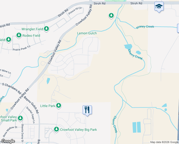 map of restaurants, bars, coffee shops, grocery stores, and more near 6001 East Richlawn Drive in Parker