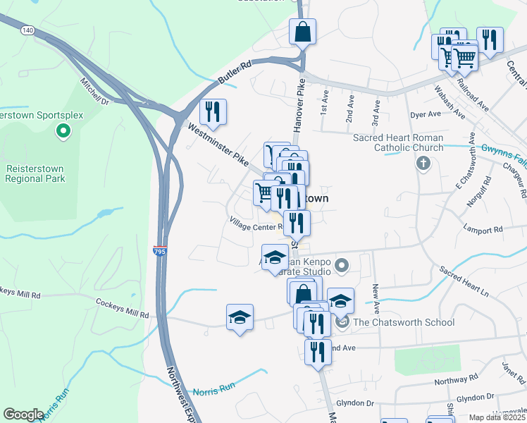 map of restaurants, bars, coffee shops, grocery stores, and more near 10 Village Center Road in Reisterstown