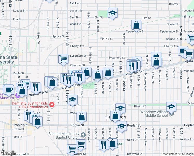 map of restaurants, bars, coffee shops, grocery stores, and more near 1472 Wabash Avenue in Terre Haute
