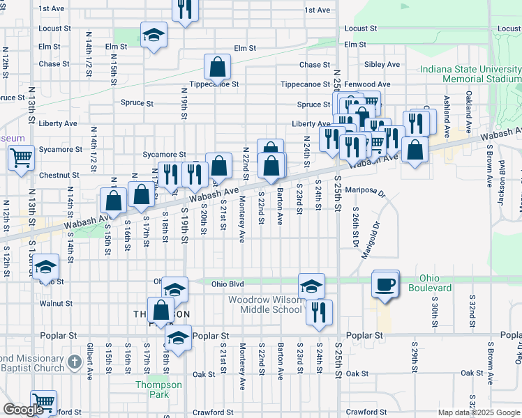 map of restaurants, bars, coffee shops, grocery stores, and more near 99 S 22nd St in Terre Haute