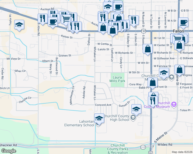 map of restaurants, bars, coffee shops, grocery stores, and more near 501 Whitaker Lane in Fallon