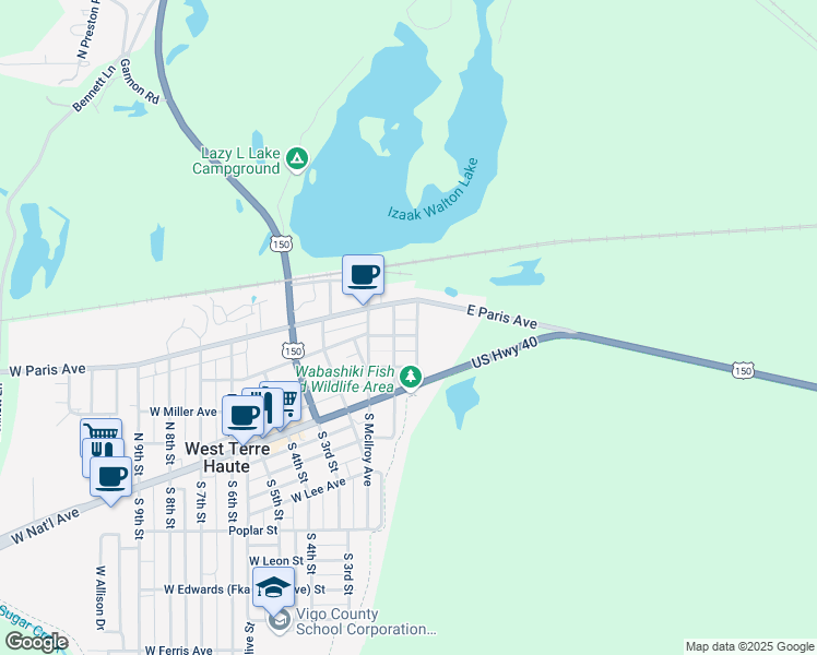map of restaurants, bars, coffee shops, grocery stores, and more near 250-298 North Macksville Avenue in West Terre Haute