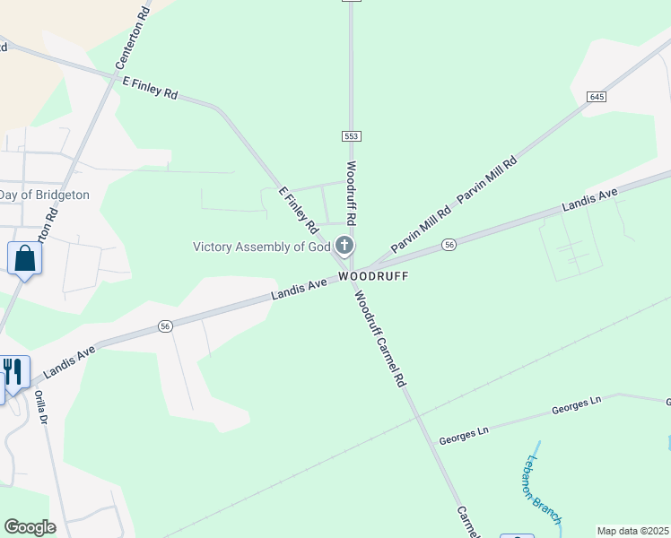map of restaurants, bars, coffee shops, grocery stores, and more near 4 East Finley Road in Bridgeton