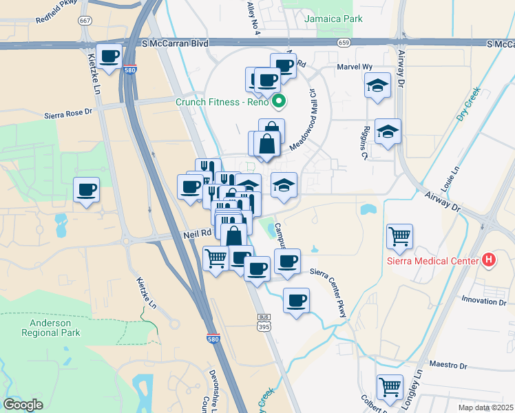 map of restaurants, bars, coffee shops, grocery stores, and more near 272 Delucchi Lane in Reno