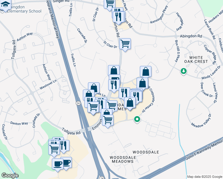 map of restaurants, bars, coffee shops, grocery stores, and more near 3410 Emmorton Road in Abingdon