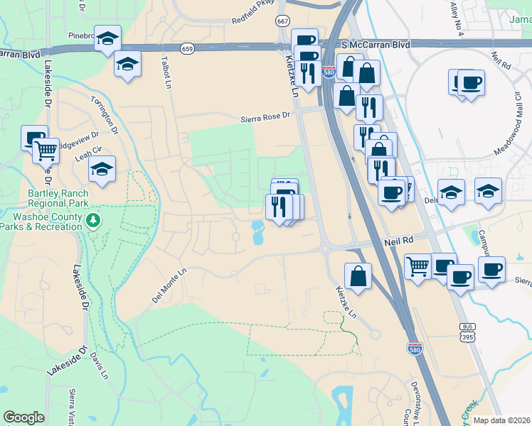 map of restaurants, bars, coffee shops, grocery stores, and more near 5414 Cremello Way in Reno