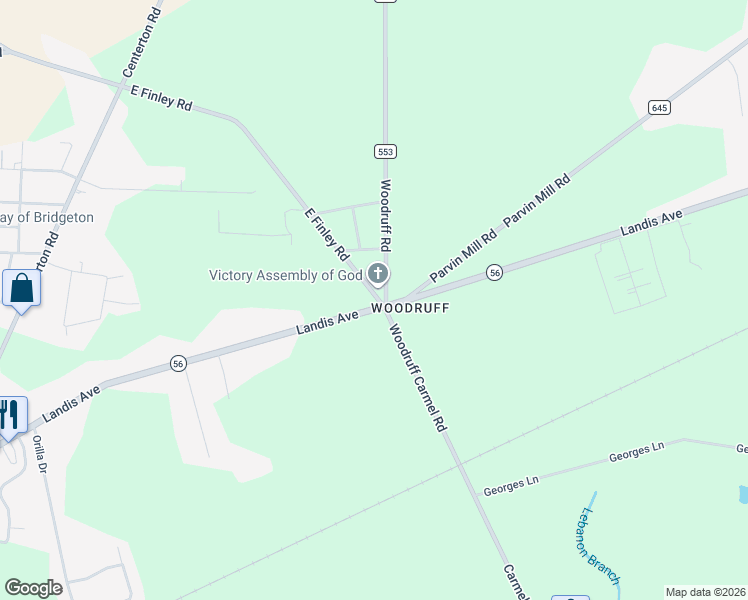 map of restaurants, bars, coffee shops, grocery stores, and more near 258 Landis Avenue in Bridgeton