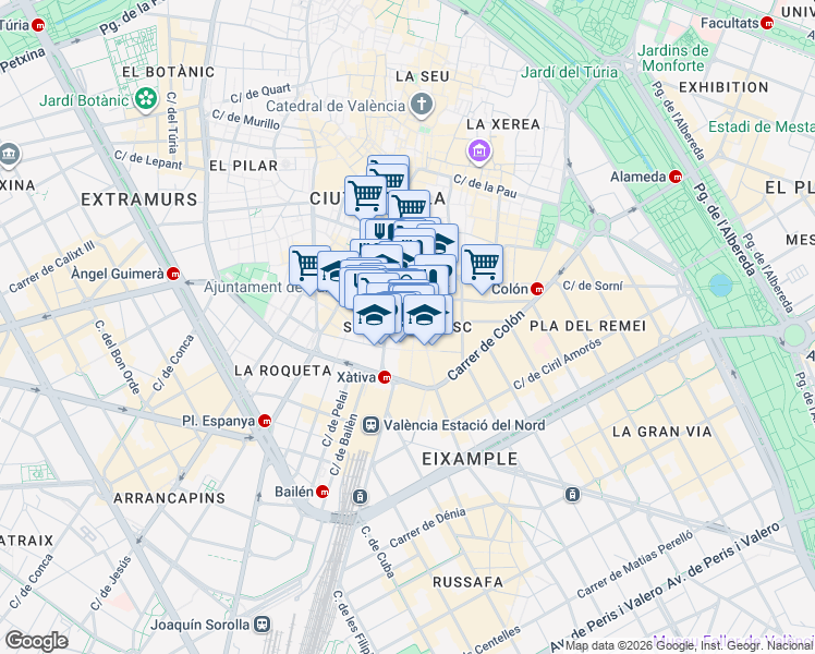 map of restaurants, bars, coffee shops, grocery stores, and more near in València