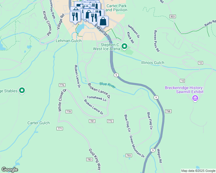 map of restaurants, bars, coffee shops, grocery stores, and more near 11 Riverwood Drive in Breckenridge