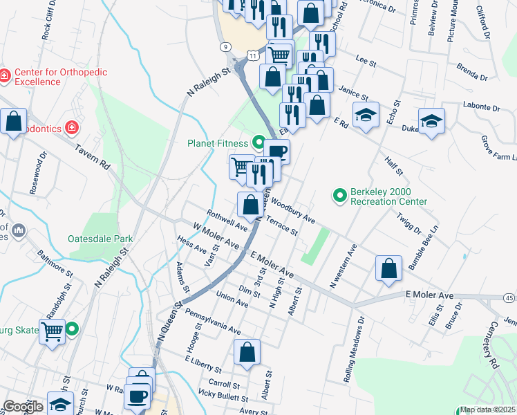 map of restaurants, bars, coffee shops, grocery stores, and more near 1002 North Queen Street in Martinsburg