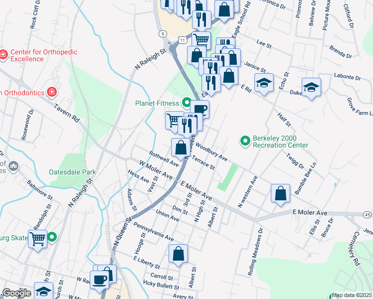 map of restaurants, bars, coffee shops, grocery stores, and more near 1002 North Queen Street in Martinsburg