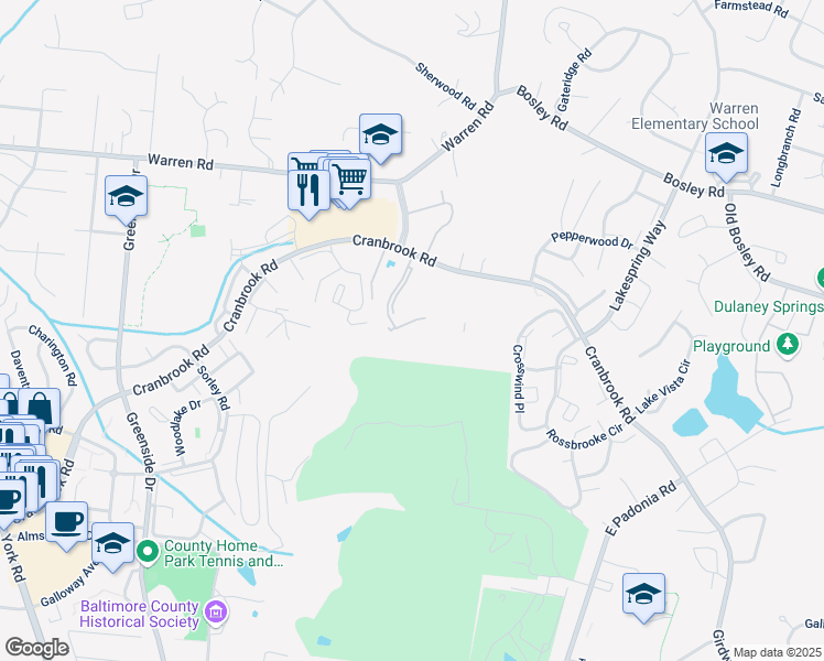 map of restaurants, bars, coffee shops, grocery stores, and more near 10322 Malcolm Circle in Cockeysville