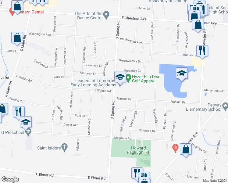 map of restaurants, bars, coffee shops, grocery stores, and more near 1057 South Spring Road in Vineland