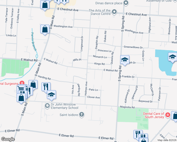 map of restaurants, bars, coffee shops, grocery stores, and more near 1710 East Walnut Road in Vineland