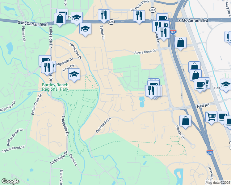 map of restaurants, bars, coffee shops, grocery stores, and more near 6107 Talbot Lane in Reno