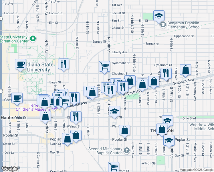 map of restaurants, bars, coffee shops, grocery stores, and more near 207 North 13th Street in Terre Haute