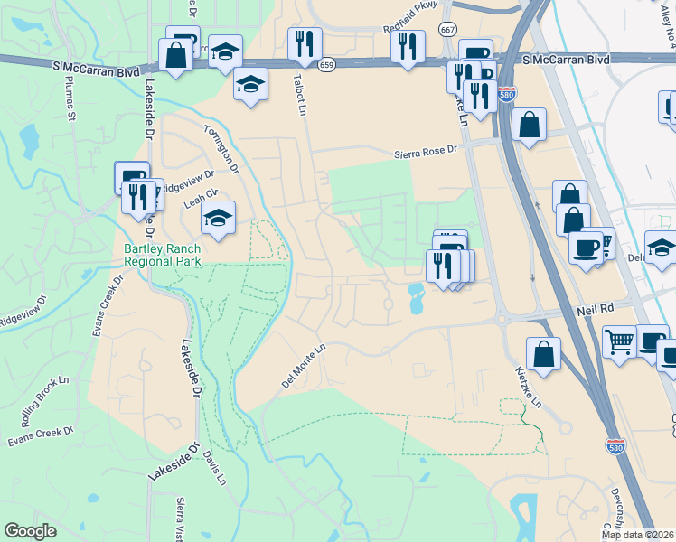 map of restaurants, bars, coffee shops, grocery stores, and more near 6107 Talbot Lane in Reno