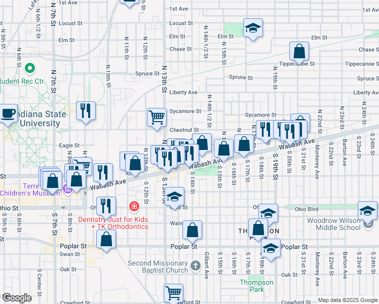 map of restaurants, bars, coffee shops, grocery stores, and more near 1342 Eagle Street in Terre Haute