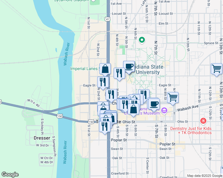 map of restaurants, bars, coffee shops, grocery stores, and more near 224 North 3rd Street in Terre Haute