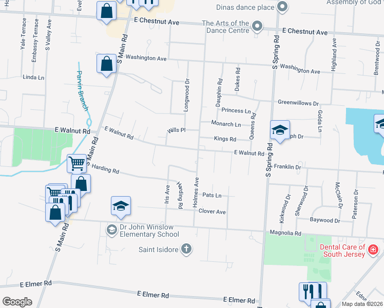 map of restaurants, bars, coffee shops, grocery stores, and more near 1710 East Walnut Road in Vineland