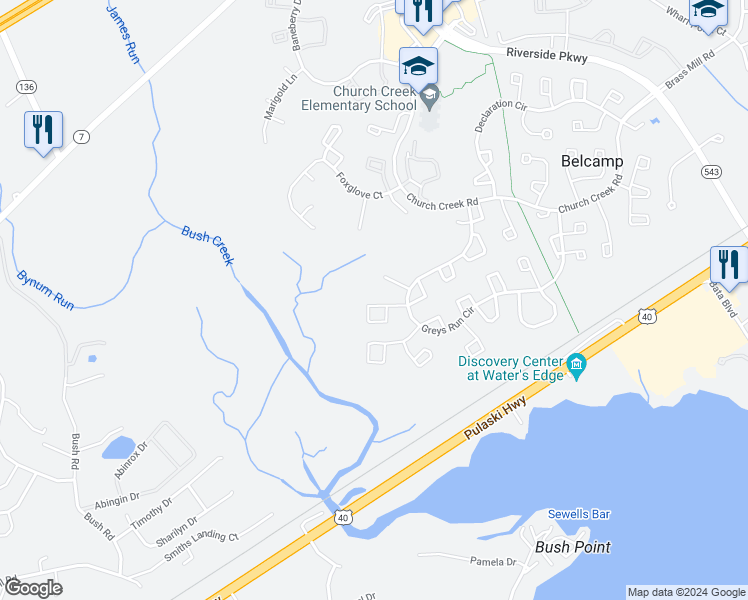 map of restaurants, bars, coffee shops, grocery stores, and more near 1213 Magness Court in Belcamp