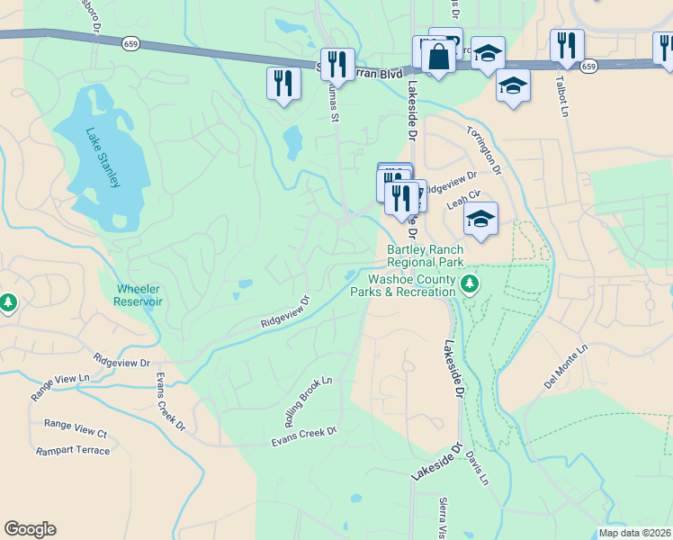 map of restaurants, bars, coffee shops, grocery stores, and more near 1430 Copper Point Circle in Reno