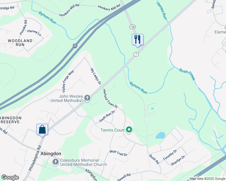 map of restaurants, bars, coffee shops, grocery stores, and more near 3927 Bush Court in Abingdon