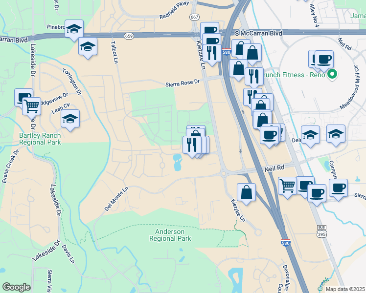 map of restaurants, bars, coffee shops, grocery stores, and more near 5414 Cremello Way in Reno