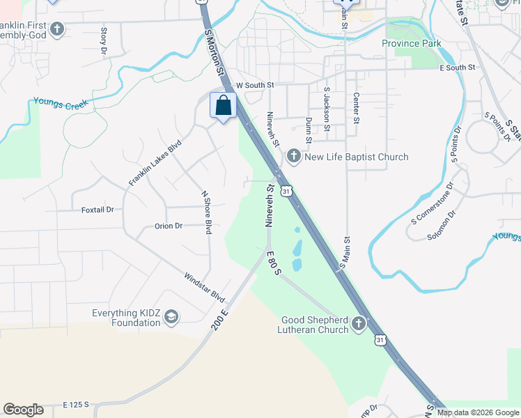 map of restaurants, bars, coffee shops, grocery stores, and more near 704 South Nineveh Road in Franklin
