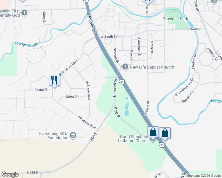 map of restaurants, bars, coffee shops, grocery stores, and more near 704 South Nineveh Road in Franklin