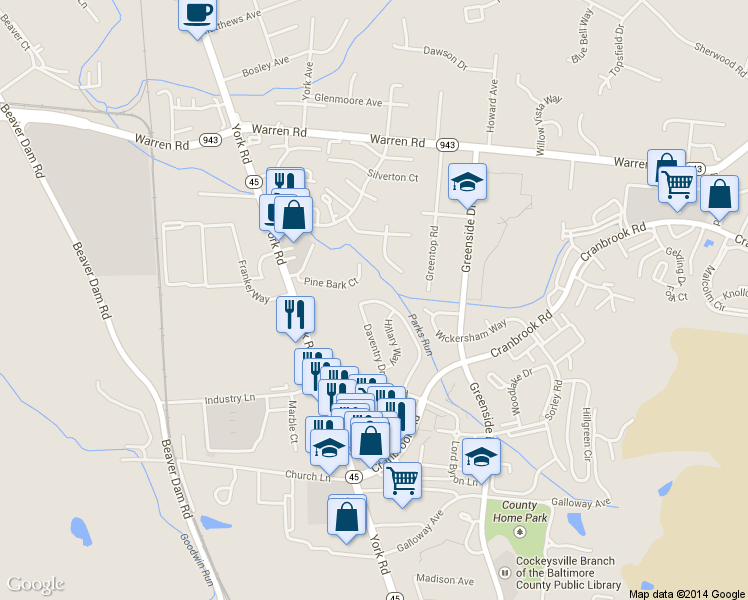 map of restaurants, bars, coffee shops, grocery stores, and more near 10143 Charington Road in Cockeysville