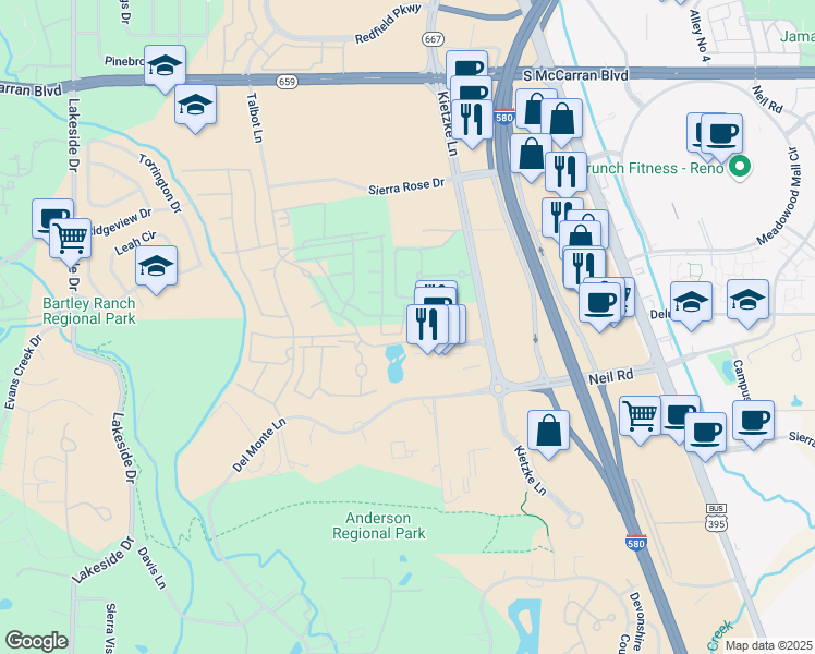 map of restaurants, bars, coffee shops, grocery stores, and more near 5414 Cremello Way in Reno