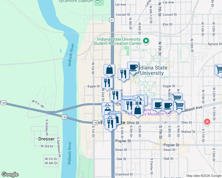 map of restaurants, bars, coffee shops, grocery stores, and more near 224 North 3rd Street in Terre Haute