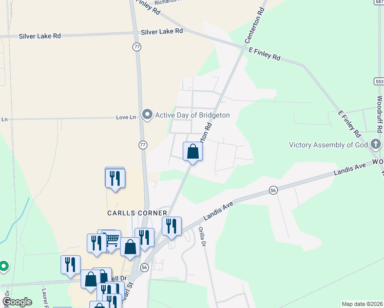 map of restaurants, bars, coffee shops, grocery stores, and more near 110 Centerton Road in Bridgeton