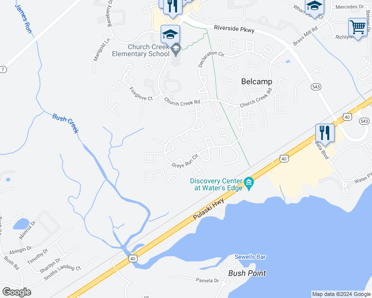 map of restaurants, bars, coffee shops, grocery stores, and more near 4318 Downs Square in Belcamp