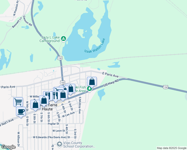 map of restaurants, bars, coffee shops, grocery stores, and more near 250 North Macksville Avenue in West Terre Haute